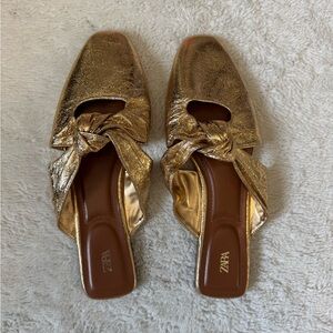 Zara Shiny Gold Knot Slip-On Sandals